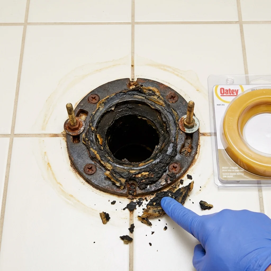 Failed wax ring showing water seepage at the base of a toilet in a Ottawa, OH home